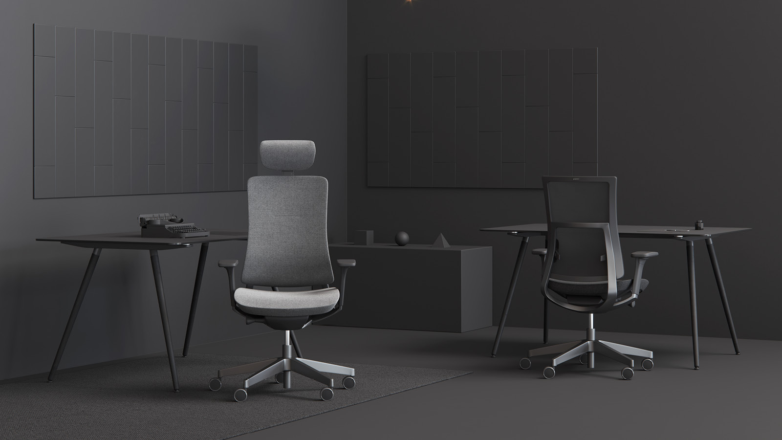 Pomieszczenie konferencyjne zostało wyposażone w czarne, tapicerowane krzesła na płozach. Ustawiono je przy szklanym stole.